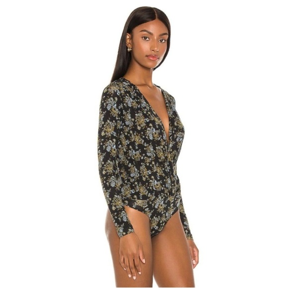 Free People Turnt Bodysuit Top V-neck Night Combo Floral Black Khaki Green L - Picture 2 of 16